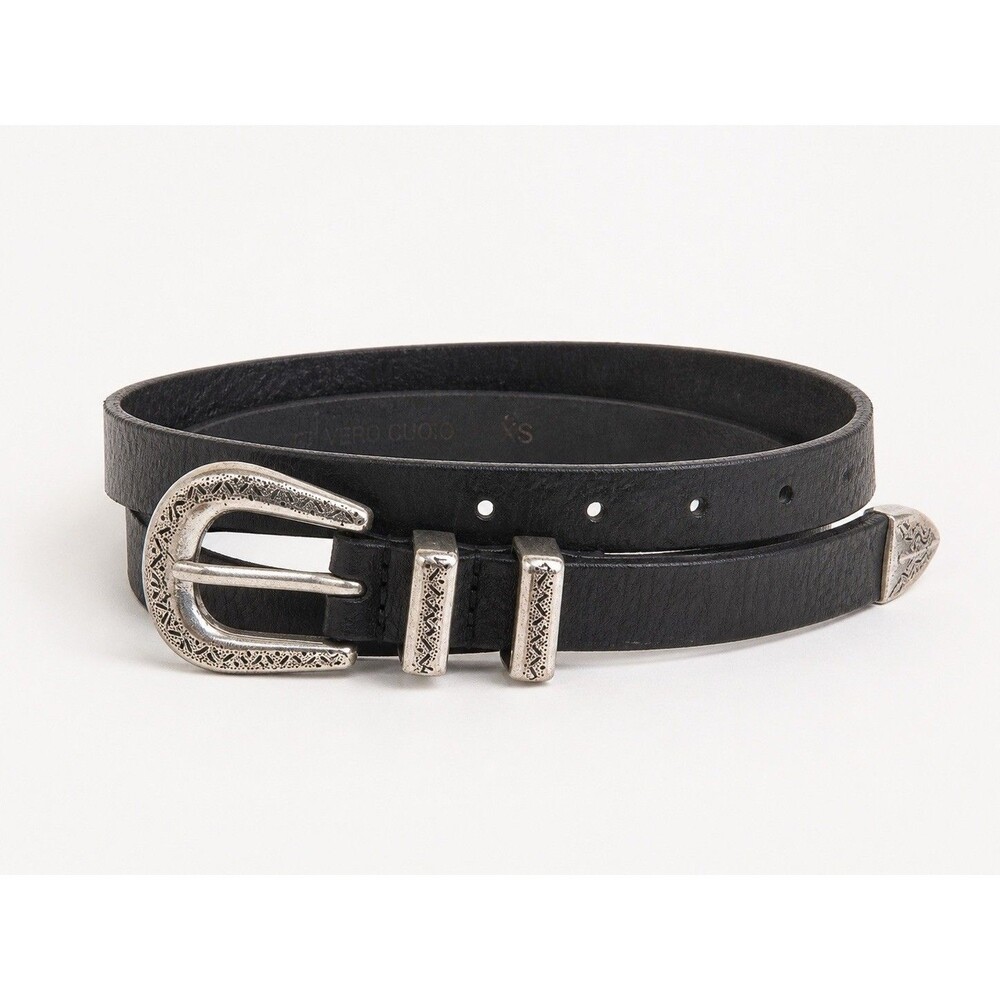 Black Leather Belt 40” Western Boho Engraved Buckle Adjustable